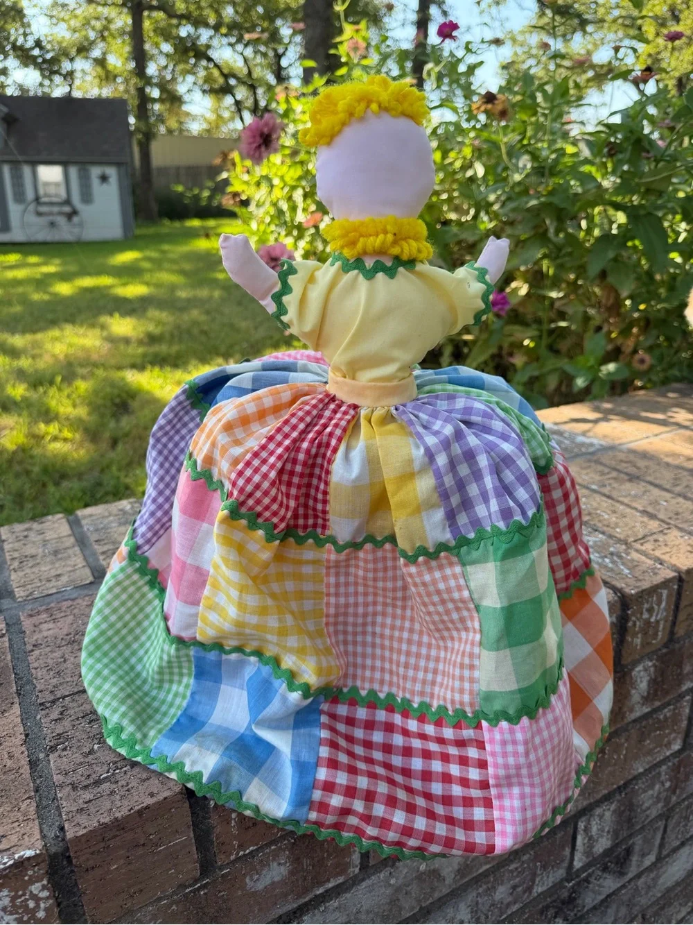 VTG 70’s Homemade Cloth Doll For Appliance Cover, Shelf Sitter Patchwork Skirt*